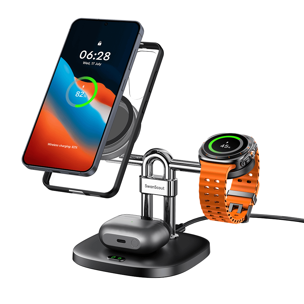 SwanScout 712SM – 3v1 magnetická bezdrátová nabíjecí stanice pro Samsung