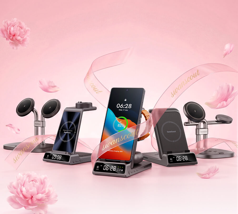 Mother’s Day SwanScout collection banner featuring 5 multi-functional wireless charging stations in a pink floral gift-themed design with gold SwanScout ribbon logo