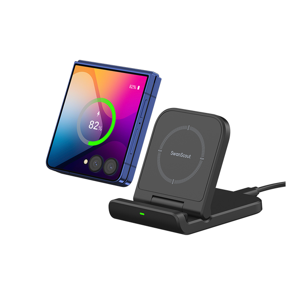 SwanScout 501S wireless charger for Samsung Z Flip 7 in black, compact and foldable stand for travel and desk use