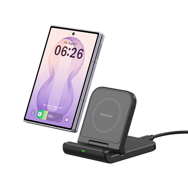 Black SwanScout 501S stand charging a Galaxy Z Flod phone showing 36 percent battery