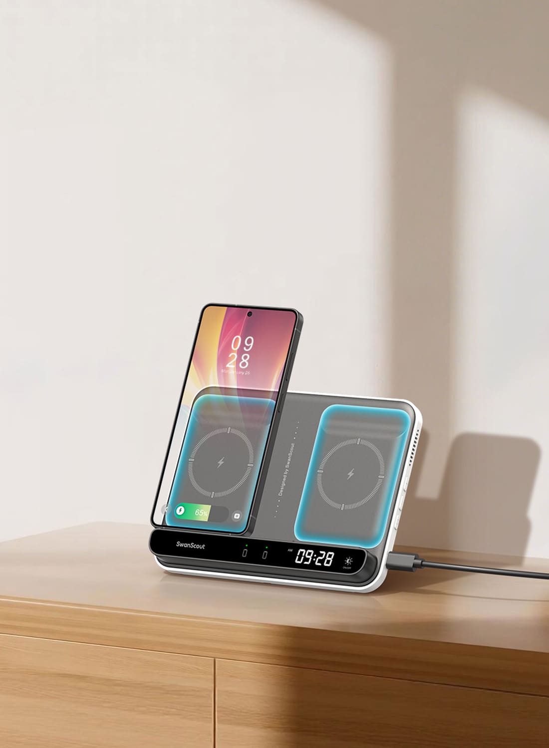 Dual phone wireless charger with two raised charging areas for easy phone alignment SwanScout 504