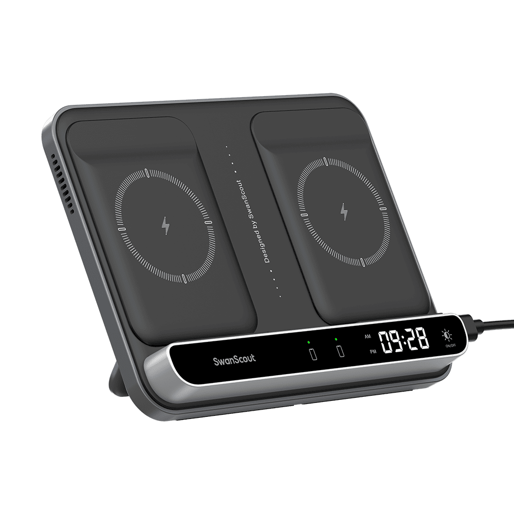 Gray foldable dual phone wireless charger with two raised charging areas and LED clock SwanScout 504