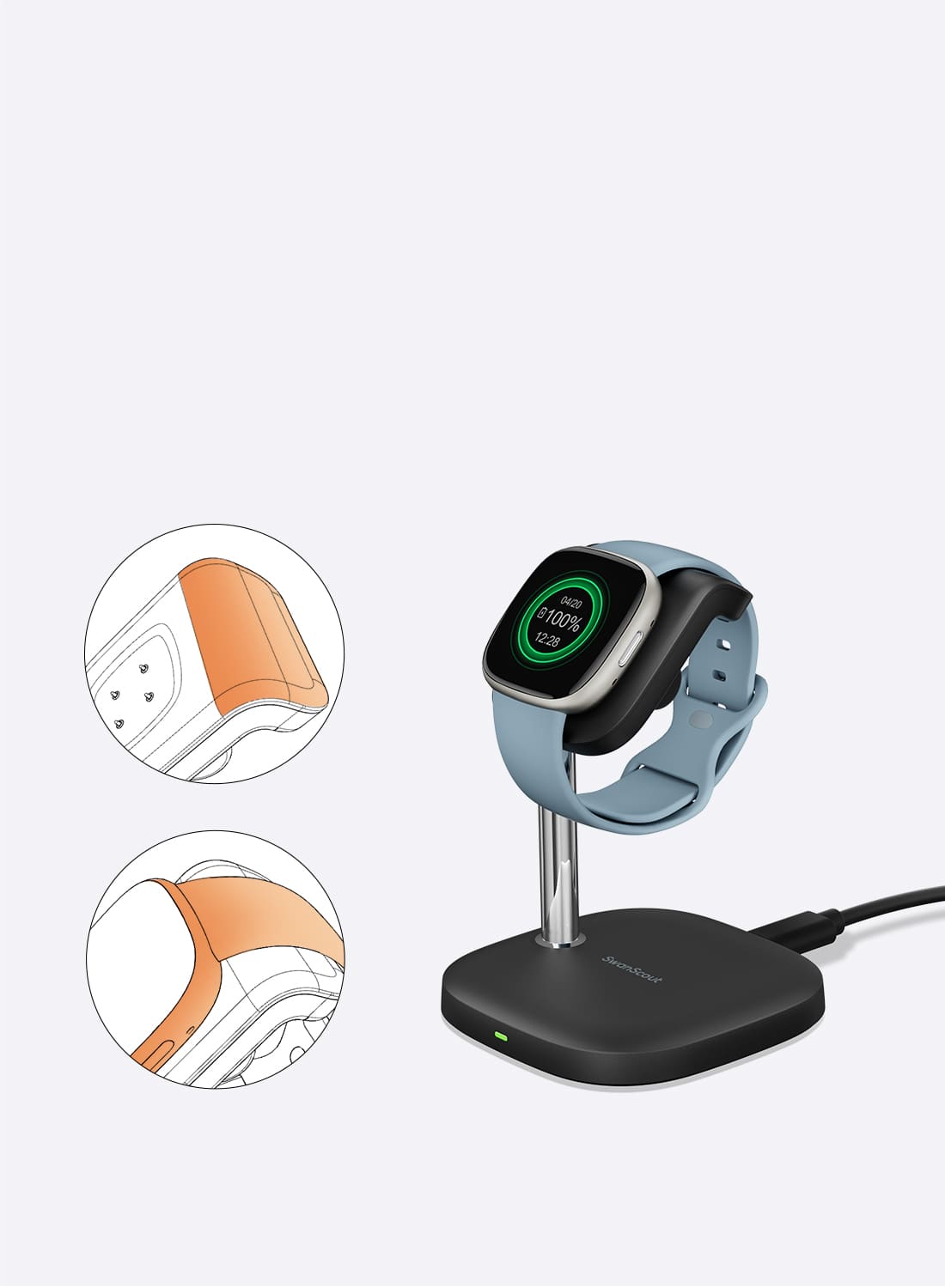 Watch band support design helps protect and stabilize Fitbit smartwatches during charging SwanScout 505FB