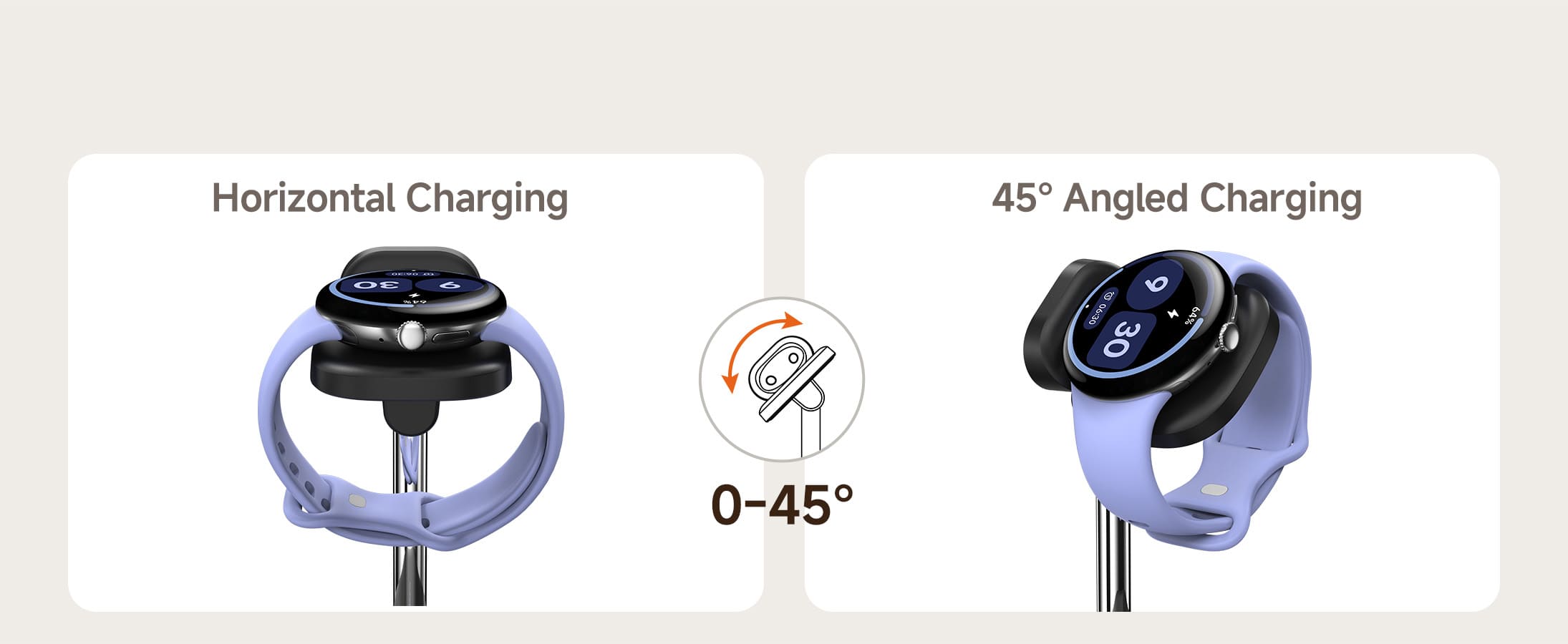 Pixel Watch 4 charging stand with adjustable angle from 0 to 45 degrees for comfortable viewing while charging SwanScout 505G4