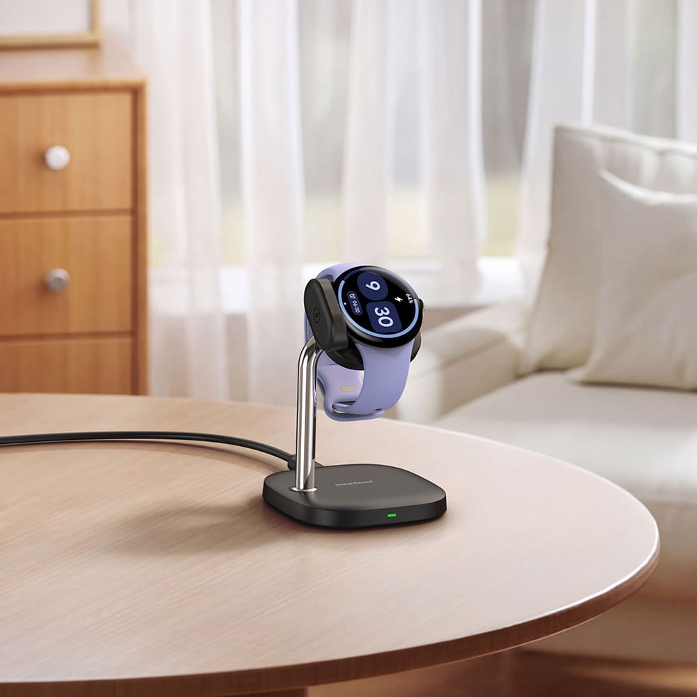 Pixel Watch 4 charging stand placed on living room coffee table providing stable and elegant desktop charging for daily home use SwanScout 505G4