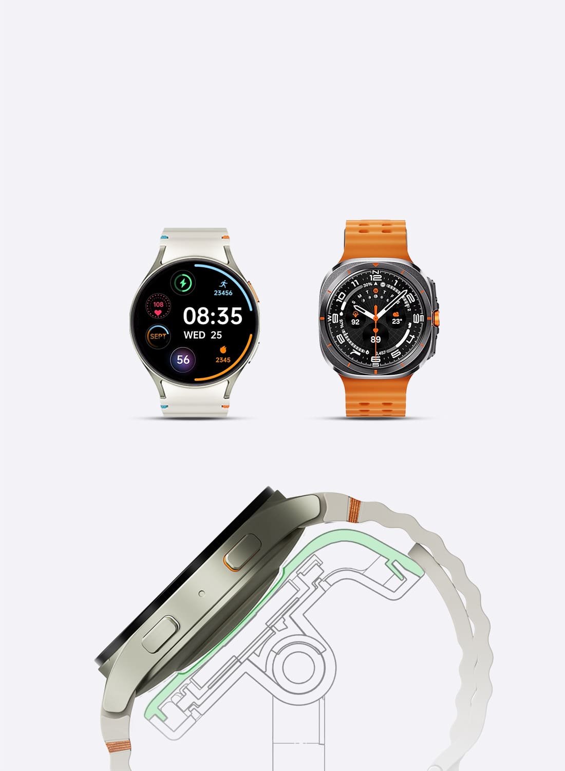 Curved charging surface designed to fit Galaxy Watch and watch bands on the SwanScout 505S