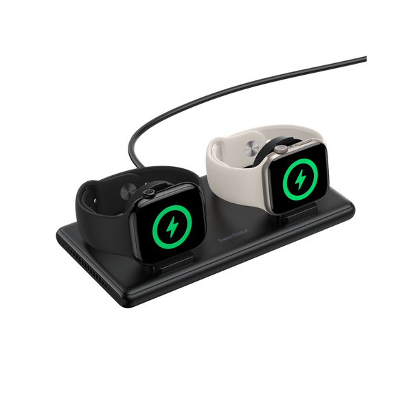 SwanScout 507DA dual wireless charger powering two Apple Watches simultaneously, including Apple Watch Ultra 2 and Series 10