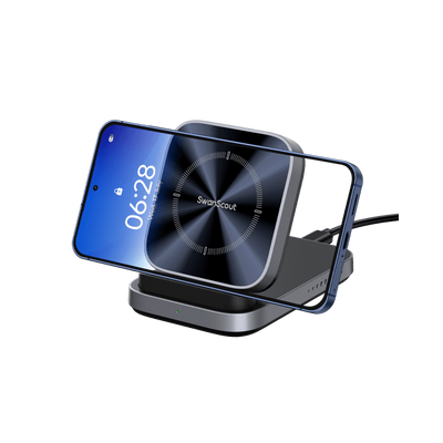 SwanScout 508 wireless charger stand powering an iPhone 17 Air in landscape mode, delivering up to 15W fast charging