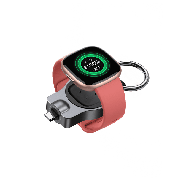 Portable USB-C charger for Google Pixel Watch 2 and 3 and Fitbit Versa left front view SwanScout 510G2