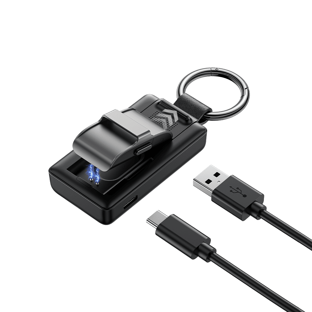 Hume Band 1.0 charger with tracker snapped into the dock and USB C to USB A cable SwanScout 513