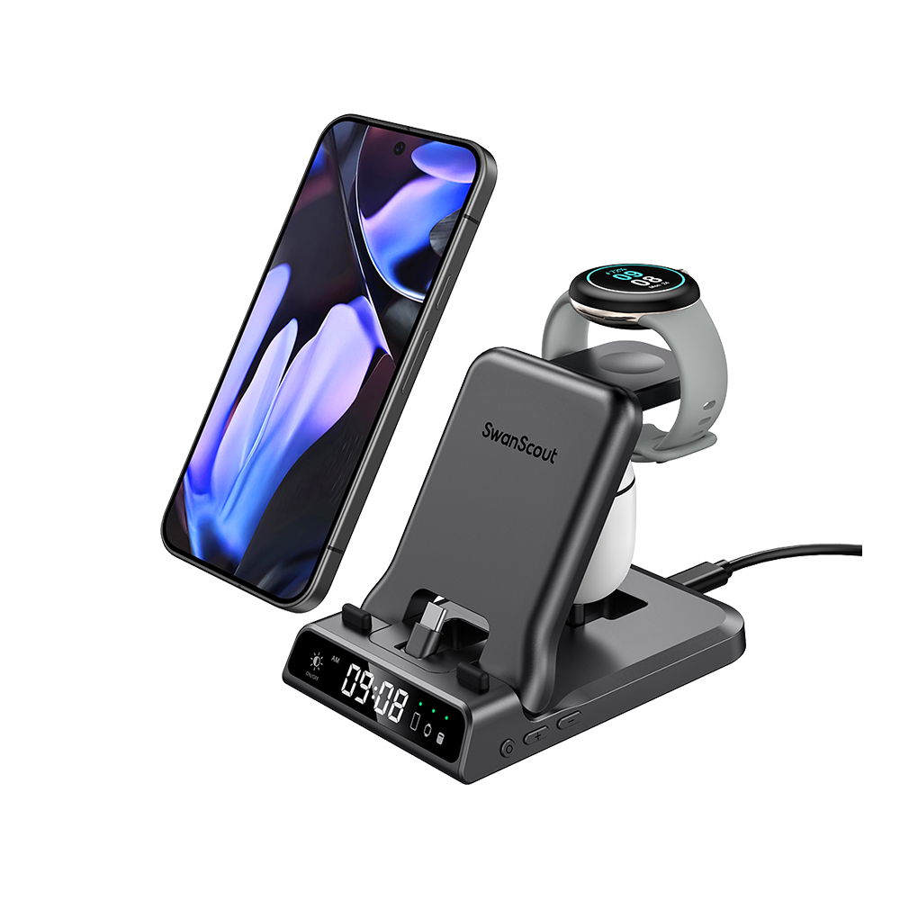 SwanScout 701G wired fast charger for Pixel Watch 1, 3 in 1 charging station with digital clock, wired USB C charging for Pixel phones and Pixel Buds