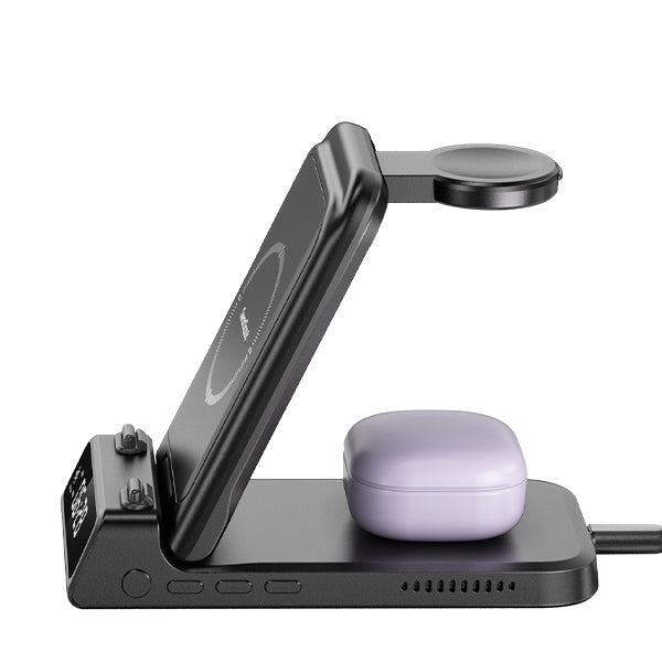 SwanScout 703F focusing on the dedicated wireless charging pad for Galaxy Buds, while the digital clock shows adjustable brightness settings