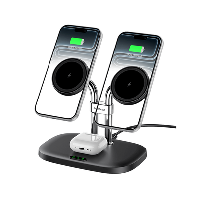 SwanScout 706M black 3-in-1 magnetic charging station, simultaneously powering two iPhones with MagSafe compatibility and AirPods