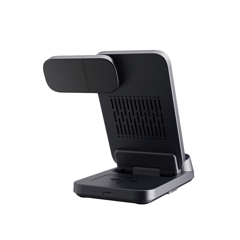 Side view of the unfolded SwanScout 708G2 showing the Pixel Watch 2/3 charging dock and the clock with 3 adjustable brightness levels