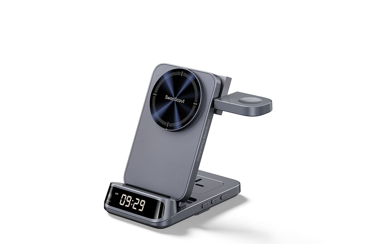 SwanScout 708M wireless charger patented elegant design UV transfer printing and metal coating surface detail