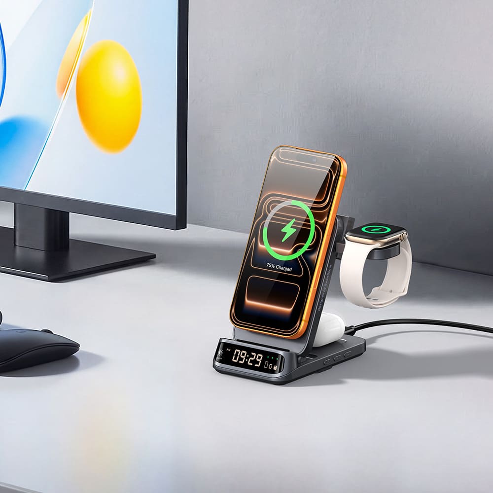 SwanScout 708M wireless charging station on desk workspace charging iPhone Apple Watch and AirPods next to laptop