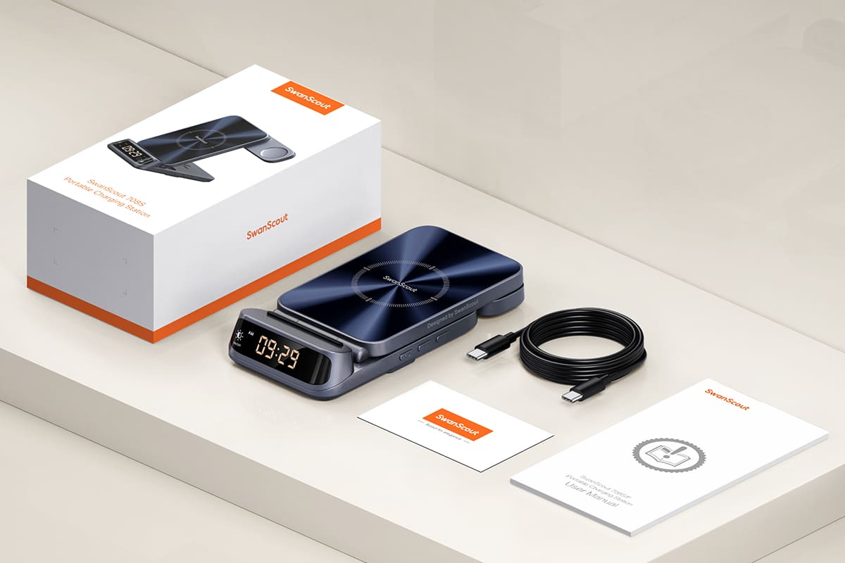 Package contents including the 708S charger charging cable user manual and warranty card