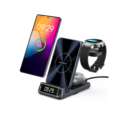 SwanScout 708S 3-in-1 wireless charging station powering a Samsung Galaxy S25 Ultra, Galaxy Watch Ultra, and Buds 3 Pro with a curved LED clock