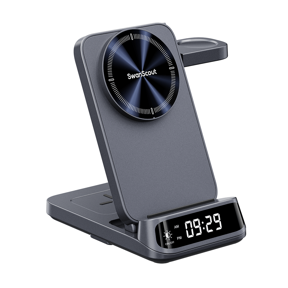 Front-left view of the unfolded SwanScout 708SM, highlighting the magnetic phone charging area and dedicated dock for Galaxy Watch 8 and Ultra