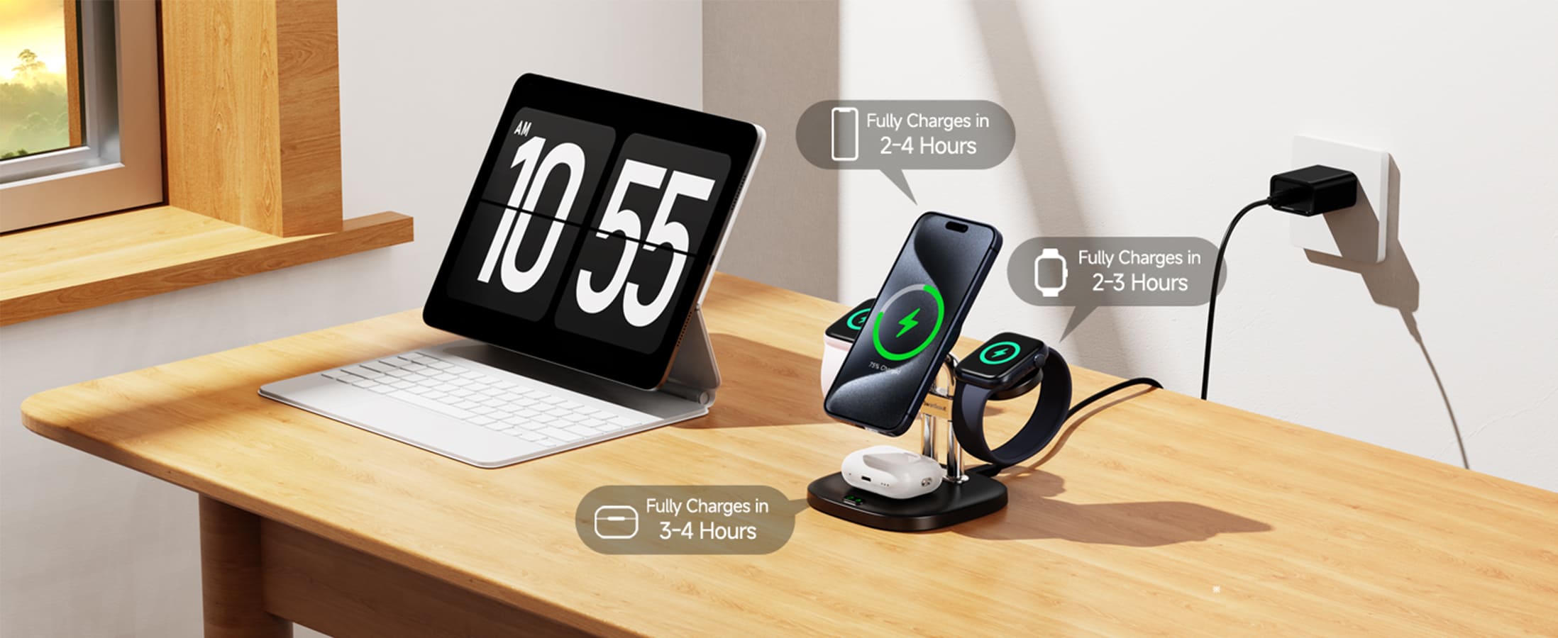 Charging time comparison for iPhone Apple Watch and AirPods on the SwanScout 709M charging station