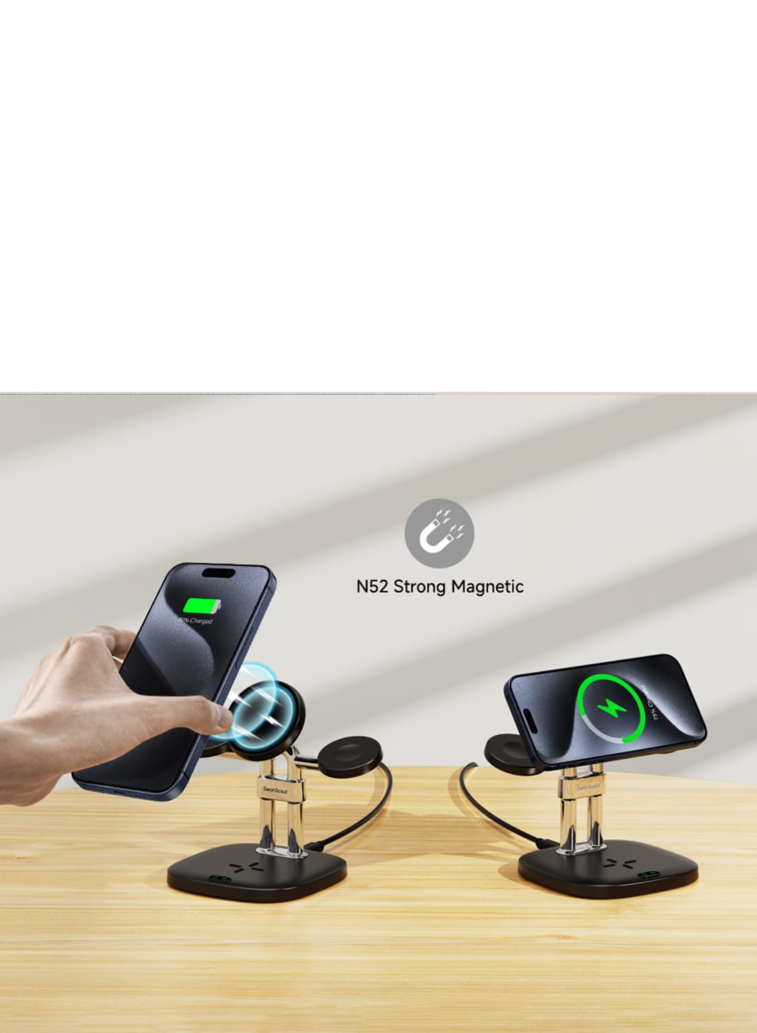 Magnetic phone charger with strong magnetic hold for portrait and landscape charging on the SwanScout 709M