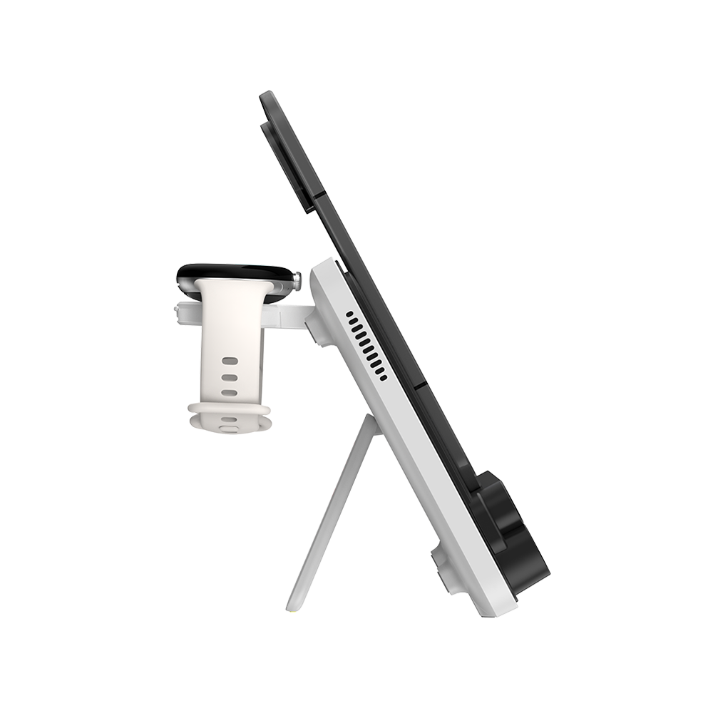 Side view of SwanScout 710FG2 showing the Pixel 9 Pro Fold using the included silicone pad for precise coil alignment and stable 30W charging