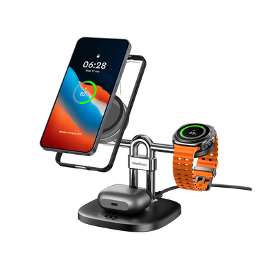 SwanScout 712SM magnetic charging station powering a Samsung Galaxy S25 Ultra, Galaxy Watch 8, and Buds3 Pro simultaneously