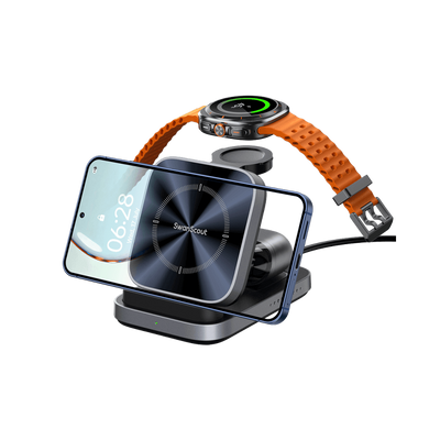 SwanScout 713S charging station powering a Samsung Galaxy S25 Ultra in horizontal mode, Galaxy Watch 8, and Buds3 Pro simultaneously