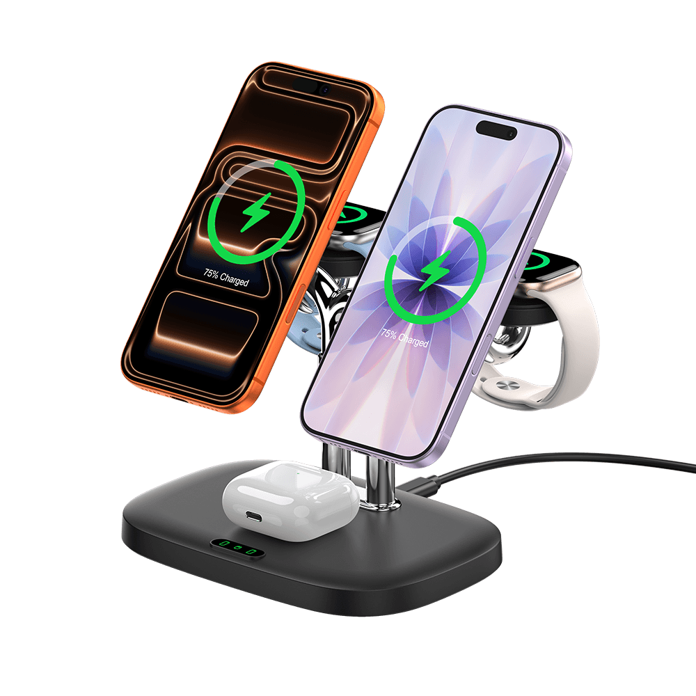 SwanScout 902M 5-in-1 wireless charging station for Apple devices with magnetic connectors and multiple charging pads.