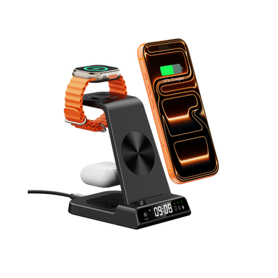 SwanScout C02 3-in-1 wireless charging stand for Apple devices, holding iPhone 17 Pro, Apple Watch, and AirPods.