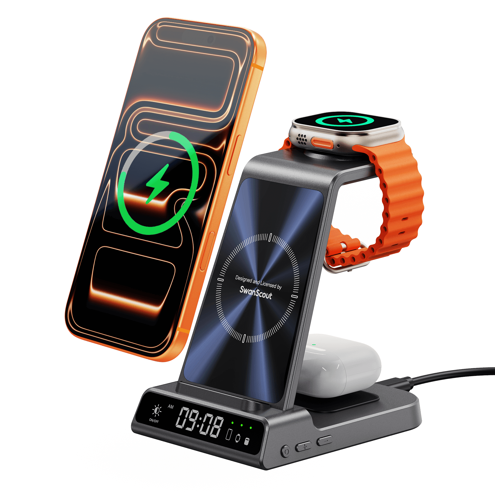 Front-right view of SwanScout C02 charging Apple devices, highlighting the clear digital clock and precise charging spots for each gadget