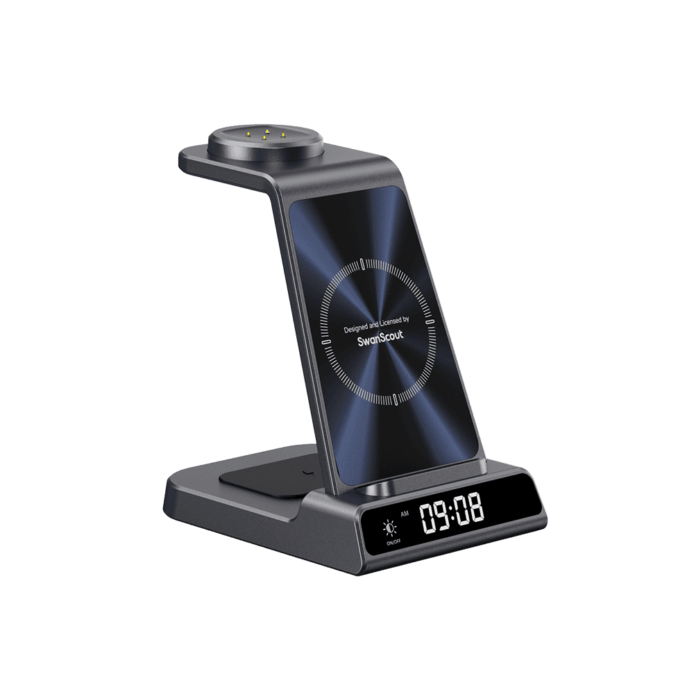 SwanScout C01FB 3-in-1 wireless charger stand for Fitbit watch, showing the sleek black charging station with a Fitbit device mounted.