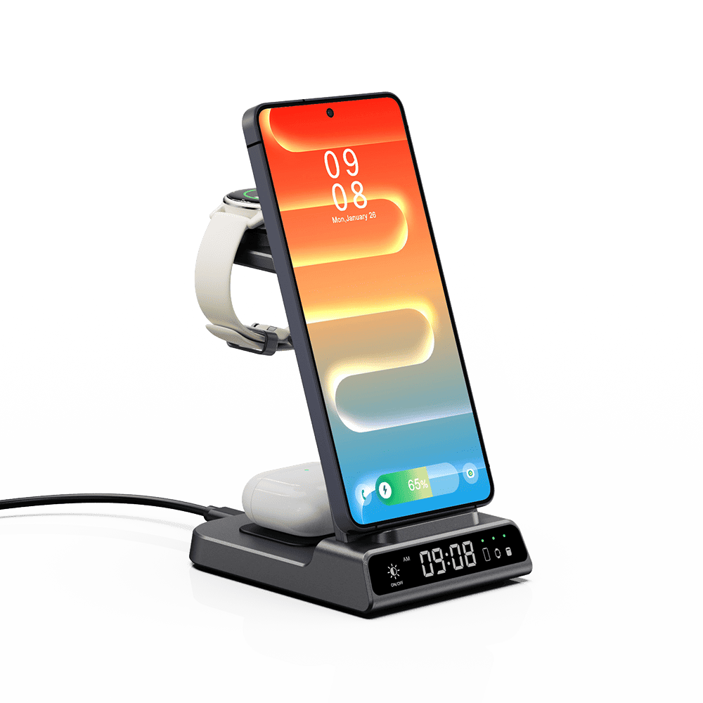 Phone resting on the SwanScout C01GM charging stand with a Garmin watch and earbuds beside it