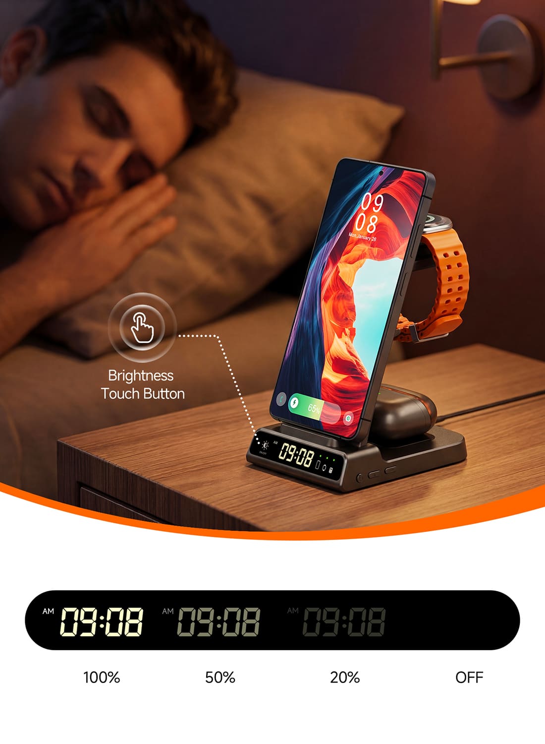 Touch button adjusts clock brightness on SwanScout C01S bedside charger