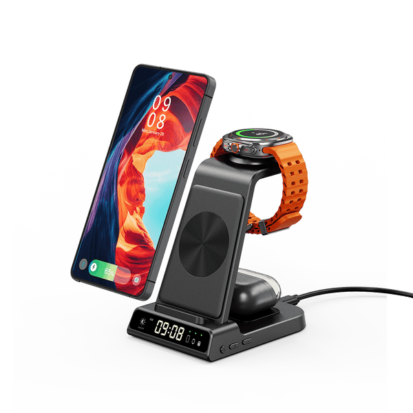 3 in 1 wireless charging station charging phone watch and earbuds together