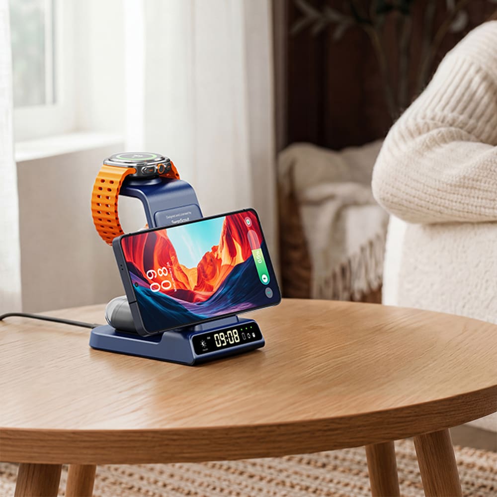 SwanScout C01S charging stand with phone and watch on living room coffee table
