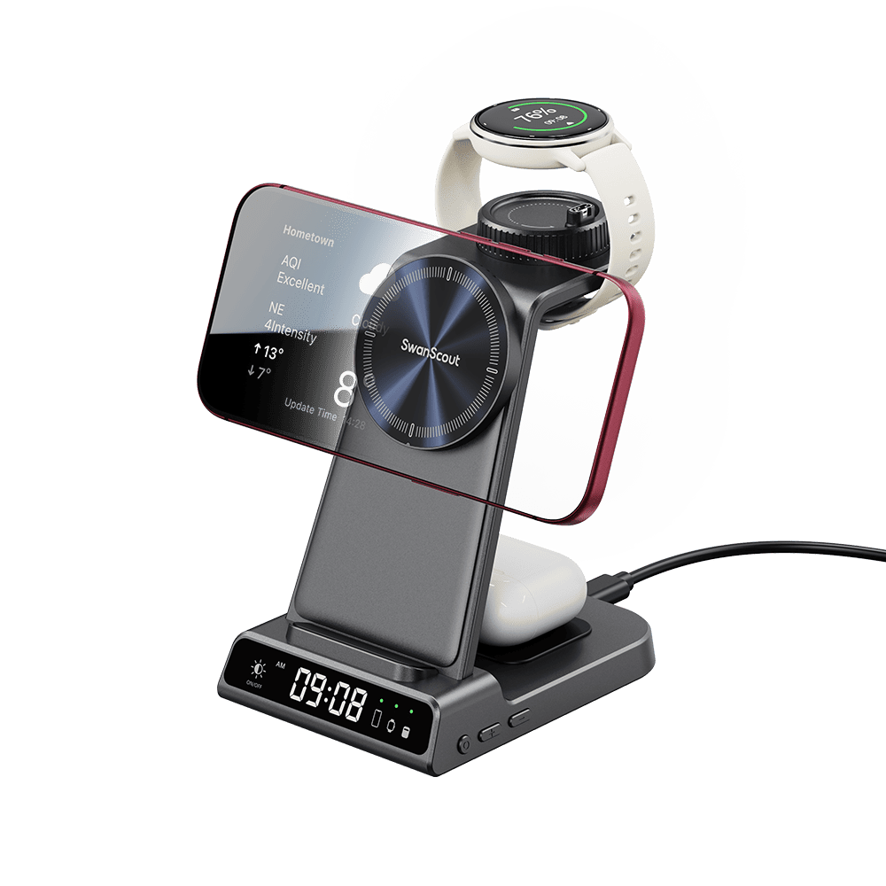 3-in-1 Garmin watch iphone 18 pro and earbuds charging dock with LED clock SwanScout C02GM