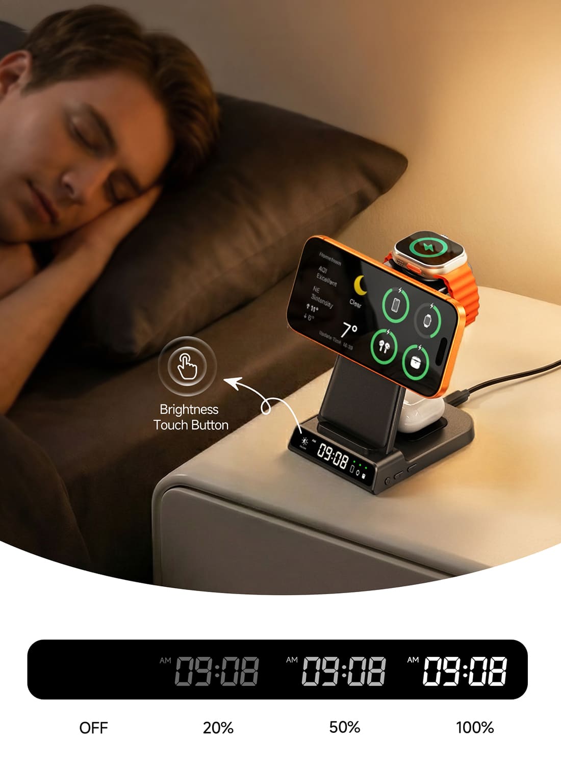 Wireless charging station nightstand bedside charging iPhone Apple Watch AirPods clock display brightness control charging indicators SwanScout C02M