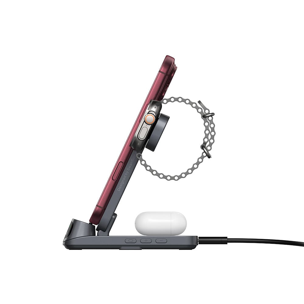 3 in 1 wireless charger powering two iPhone 18 Pro phones earbuds and watch with SwanScout S10025A