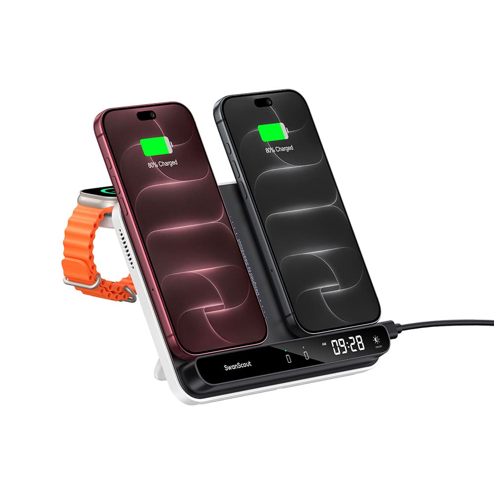 Wireless car charger powering two iPhone 18 Pro phones with SwanScout S10031A