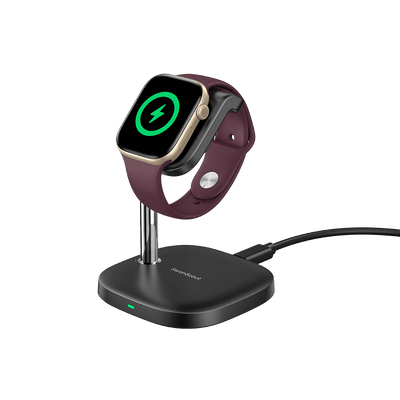 Vertical wireless charger powering smartwatch with SwanScout S10034A