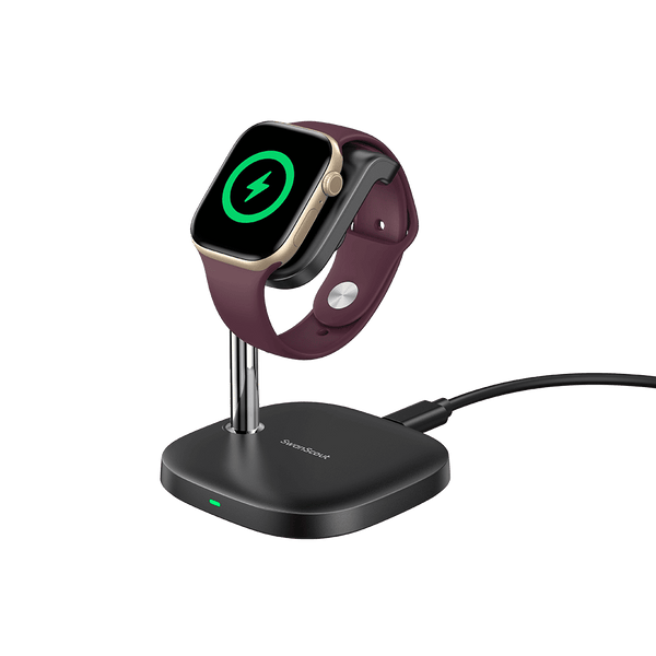Vertical wireless charger powering smartwatch with SwanScout S10034A